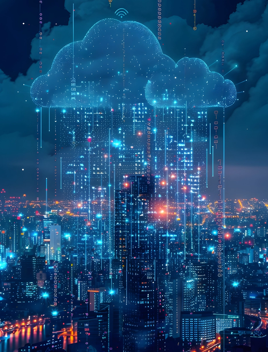 Digital Transformation & Cloud Computing Città futuristica con flussi di dati digitali che confluiscono nel cloud, visualizzazione della digital transformation e dell'architettura cloud computing aziendale